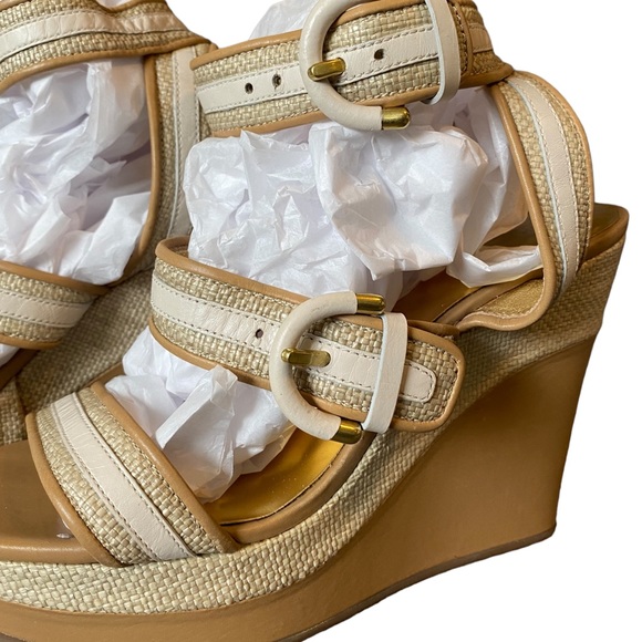 COACH tan and cream woven straw wedge platforms with ankle strap - maralee style - Picture 5 of 11
